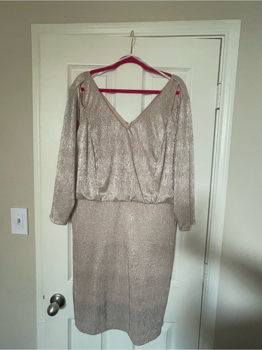 Elegant Metallic Sheen Cold-Shoulder Dress in Champagne